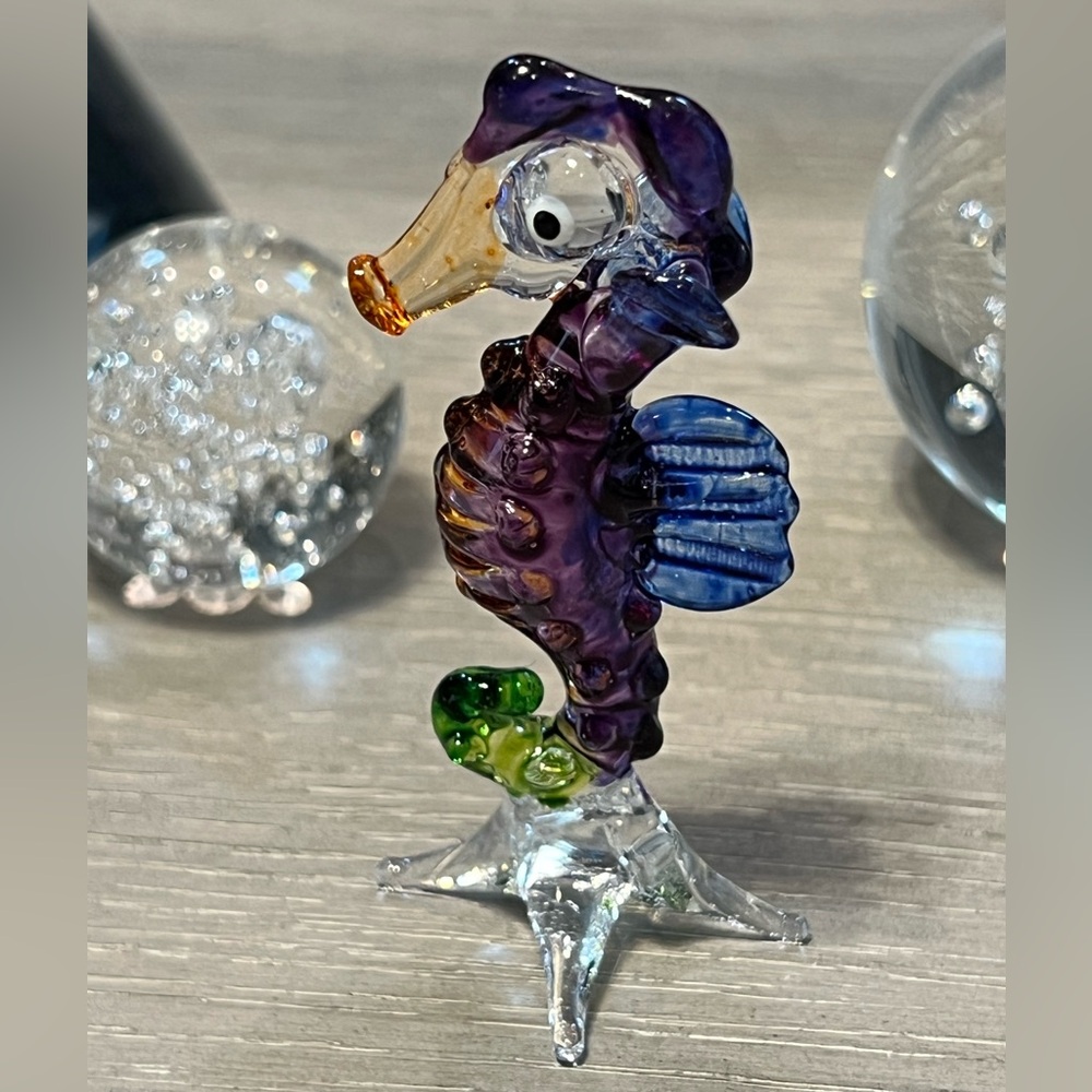 Tiny 3½" Seahorse Figurine - Miniature Hand Blown Glass Sea Purple Brown Green